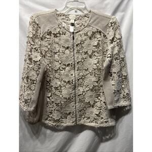 Chicos Women's XL Taupe Crochet Lace Full Zip Jacket Floral Quiet Luxury Boho
